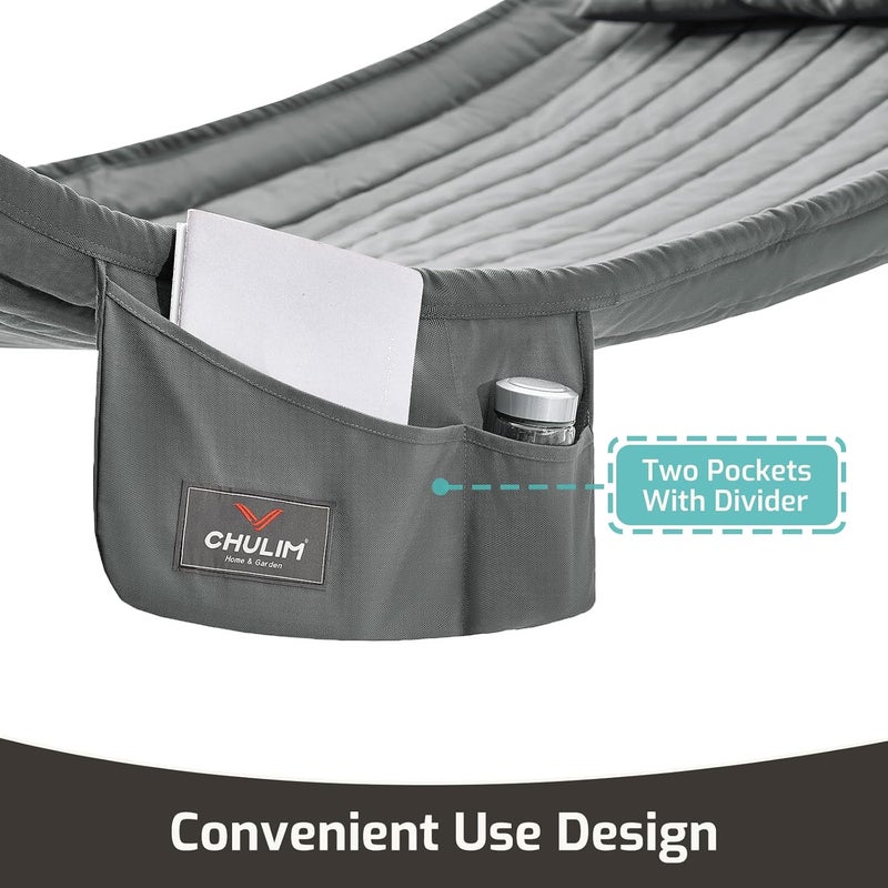 CHULIM Double Quilted Fabric Hammock with Hardwood Spreader Bars and Pillow 450 LBS Capacity 2 Person Large Hammock for Outdoor Patio Backyard Poolside - Dark Grey - Image 3